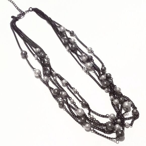RMN Gunmetal Multi Strand Faux Pearl Station Necklace Signed - Picture 5 of 5